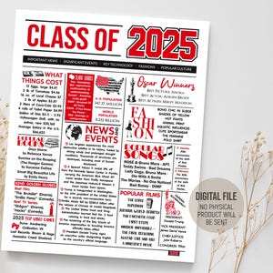 2025 年卒業クラス向けの楽しい赤と黒の新聞、卒業パーティーの飾り付け、2025 年卒業記念サイン、タイム カプセル ボックスのアイデア、デジタル印刷可能なダウンロード