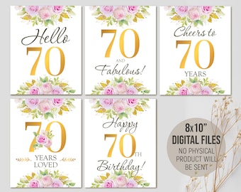 Happy 70th Birthday Signs, Party Decorations for Woman, Cheers to 70 Years Loved, Table Decor, Birthday Favors, Digital Printable Download