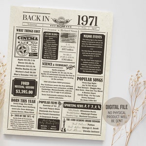 Terug in 1971 Fun Facts Poster, Verjaardagsfeest decoraties, Geboorte Krant, Het jaar 1971 in Review Sign, Digitaal Afdrukbare Download