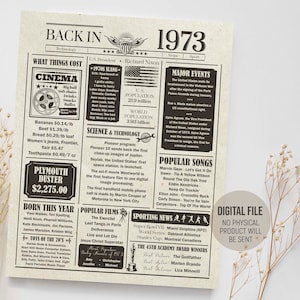 Back in 1973 in Review Poster, Birthday Newspaper, Birthday Gift for Him, 1973 Fun Facts Sign, Party Decorations, Printable Digital Download