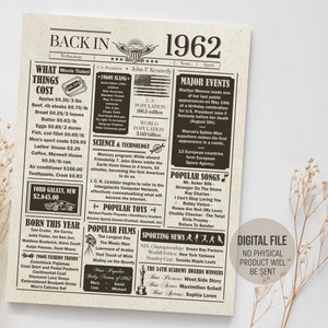 1962 Birthday Poster, Birthday Gift Sign, 1962 Fun Facts Birthday Newspaper, The Year Were You Born, Digital Printable Download