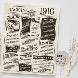 Terug in 1916 in recensiekrant, het jaar 1916 leuke weetjes, bordje trivia en geschiedenis, afdrukbare digitale download