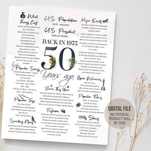 50歳の誕生日ポスター、1975年当時の楽しい事実のサイン、50年前の彼へのギフトのアイデア、1975年を振り返る歴史トリビア、デジタル印刷可能なダウンロード