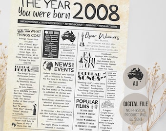 Australia Back in 2008 Year You Were Born, Born in 2008 Fun Facts Sign, Newspaper Poster, 2008 in Review, Digital Printable Download
