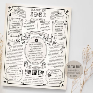 1951 vintage verjaardagsposter, leuke weetjes krant, bord terug in 1951, feestdecoraties, idee geboortecadeau, afdrukbare digitale download