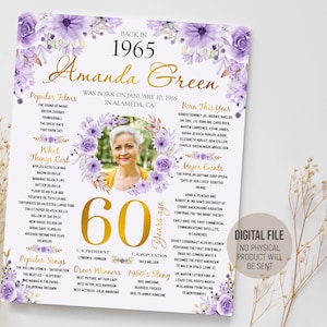 Personalized 60th Birthday Gift for Woman, Back in 1965 Fun Facts Poster, Gold Purple Party Decoration Idea for Her, Digital Printable File