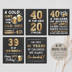 Printable 40th Birthday Decorations, Cheers and Beers to 40 Years Signs, Black and Gold 1985 Birthday Poster, Digital Printable Download