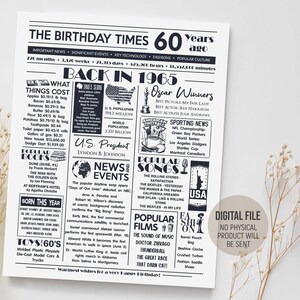 1965 年の 60 歳の誕生日のデコレーション、1965 年を振り返る新聞のポスター、60 年前のギフトのアイデア、1965 年の楽しい事実、デジタル印刷可能なダウンロード