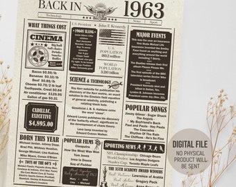 Back in 1963 in Review, Birthday Newspaper Poster, 1963 Fun Facts, Birthday Gift for Him, Remember 1963 Sign, Printable Digital Download