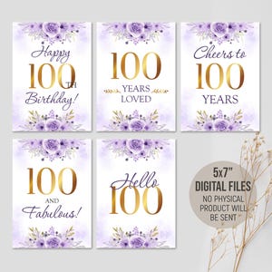100.Geburtstag Schilder, Partydekoration für Sie, Prost auf 100 Jahre, Tischdekoration Gold & Lila, Geburtstagsgeschenke, digitaler Download