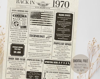 Back in 1970 in Review, Birthday Newspaper Poster Gift, Remember 1970 Fun Facts Sign, Year You Were Born, Digital Printable Download