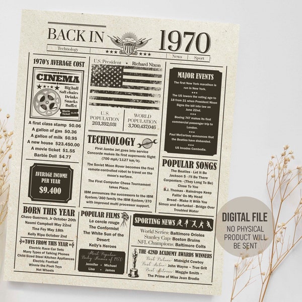 Back in 1970 in Review, Birthday Newspaper Poster Gift, Remember 1970 Fun Facts Sign, Year You Were Born, Digital Printable Download