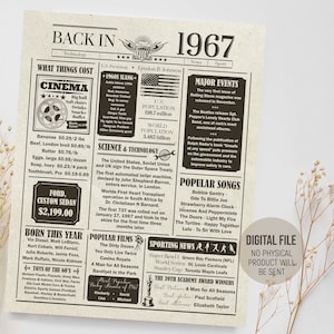 Retour en 1967 Fun Facts Poster, Décorations de fête d’anniversaire, Journal de naissance, L’année 1967 en revue Signe, Téléchargement imprimable numérique
