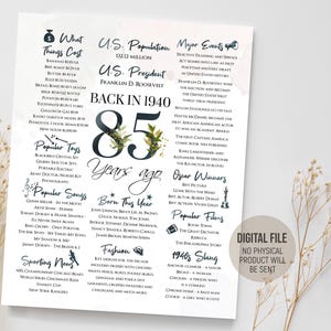 85. Geburtstag Schild, Rückblick auf 1940 Poster, 85 Jahre her, Fun Facts, Geburtstagsgeschenk, Partydekoration Idee, digital druckbarer Download