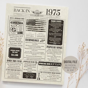 Jaar 1975 in recensiekrant, poster met leuke weetjes uit 1975, verjaardagscadeau voor hem | Haar, idee voor feestdecoratie, afdrukbare digitale download