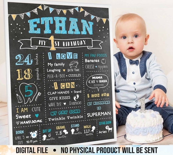 First Birthday Chalkboard, 1st Birthday Chalkboard Sign, First Birthday  Poster, Customized Year One Infographic, Boy's First Year, Digital 