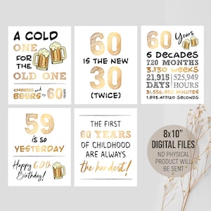 Printable Cheers and Beers 60th Birthday Decorations for Him, 60 Years Ago Birthday Party Signs, Surprise Ideas, Digital Printable Download