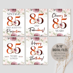 Printable 85th Milestone Birthday Decorations, 85 Birthday Party Signs for Her, 85 Years Loved, Table Decor, Digital Printable Download