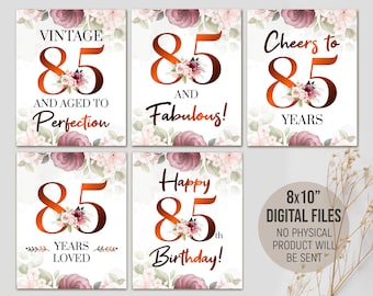 Printable 85th Milestone Birthday Decorations, 85 Birthday Party Signs for Her, 85 Years Loved, Table Decor, Digital Printable Download