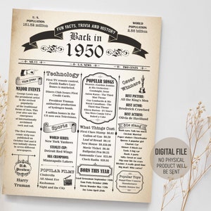 Back in 1950 Fun Facts-krant, vintage verjaardagsposter, bordje Born in 1950 | Haar, feestdecoraties, afdrukbare digitale download