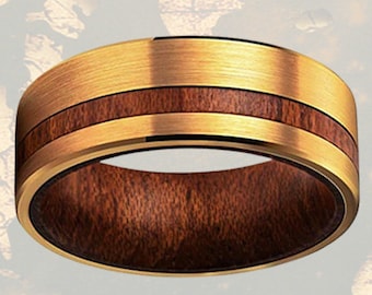 14K Gold Wedding Band Wooden Ring - Yellow Gold Ring Mens Wedding Band Tungsten Ring - 8mm Mens Ring Tungsten Wedding Band Koa Wood Ring