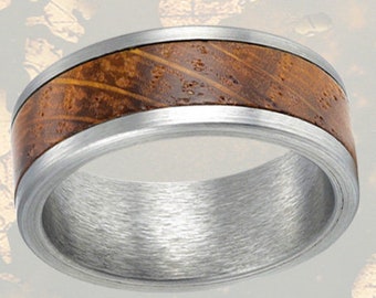 8mm Wood Ring Mens Wedding Band Silver Ring, Unique Whiskey Barrel Ring Tungsten Wedding Band Mens Ring, Wooden Rings for Men Tungsten Ring