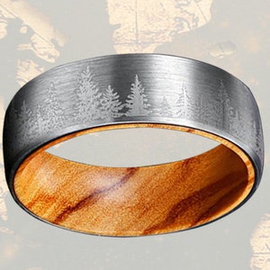Forest Landscape Tungsten Ring Mens Wedding Band Wood Ring, 8mm Silver Ring Wood Wedding Band Mens Ring, 8mm Nature Wedding Rings Tree Ring