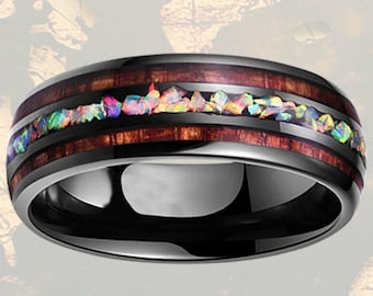 Opal Wedding Band Wood Inlay Ring, 8mm Koa Wood Ring Mens Wedding Band Tungsten Ring, Black Mens Wood Ring, Wooden Ring, Fire Opal Ring