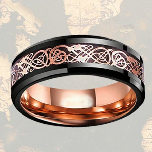 Norse Rose Gold Ring Mens Wedding Band Viking Ring / Celtic Knot Ring Viking Wedding Ring Rose Gold & Black Ring / Tungsten Ring Mens Ring