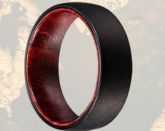 Mens Wedding Band Wood Ring, Brushed Black Tungsten Wedding Band Mens Ring, Wood Inlay Ring, Wood Wedding Band, 8mm Wooden Ring for Men