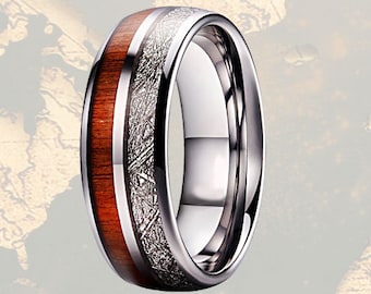 Meteorite Ring Mens Wedding Band Koa Wood Ring, Wood Wedding Band Mens Ring, Silver Tungsten Ring, Unique Meteorite Wedding Rings for Him