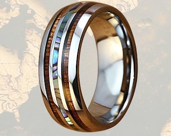 Abalone Ring Mens Wedding Band, Koa Wood Ring Tungsten Wedding Band Mens Ring, Abalone Shell Ring, Wood Wedding Bands Women Couples Ring Set