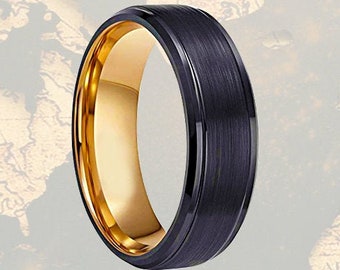 18K Rose Gold Wedding Band Tungsten Ring Mens Wedding Band Black Ring, Tungsten Wedding Bands Womens Ring 8mm Unique Rose Gold Rings for Men