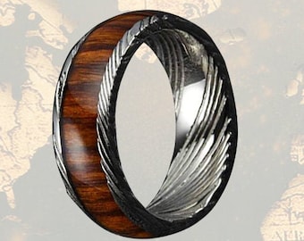 Hawaiian Koa Wood et Damascus Ring, 8mm Damascus Steel Ring Koa Wood Ring Mens Wedding Band Bague en bois Damascus Wedding Band Mens Ring