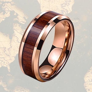 Rose Gold Ring Mens Wedding Band Koa Wood Ring, Wood Wedding Band Mens Ring, Rose Gold Wedding Ring, Mens Tungsten Ring, Unique Wood Rings