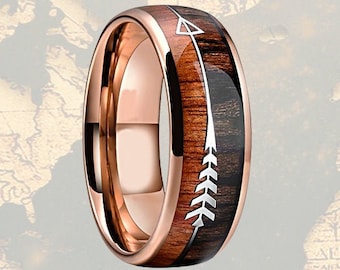 18K Rose Gold Arrow Ring, Koa Wood Ring Mens Wedding Band Tungsten Ring, Unique Mens Ring, Rose Gold Ring, Wood Wedding Band Mens Ring