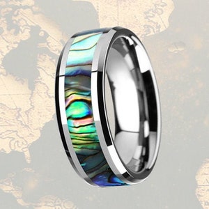 Abalone Ring Mens Wedding Band Tungsten Ring, 8mm Tungsten Wedding Band Mens Ring Abalone Shell Ring Wedding Bands Women, Unique Mens Ring