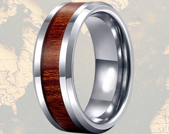 Beveled Edge Koa Wood Ring Mens Wedding Band Silver Tungsten Wedding Band Mens Ring Wood Inlay Ring, 8mm Wood Wedding Band, Unique Mens Ring