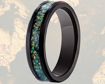6mm Mens Wedding Band Green Opal Inlay Ring, Titanium Wedding Band Mens Ring, Mens Fire Opal Ring, Opal Wedding Bands Womens Blue Opal Ring