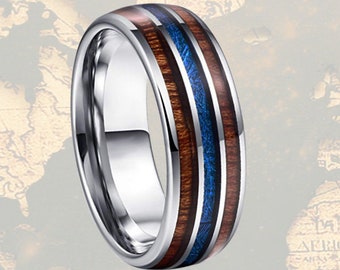 Koa Wood Wedding Band Mens Ring - 8mm Blue Meteorite Ring Mens Wedding Band Tungsten Ring - Meteorite Wedding Ring Wooden Rings for Men