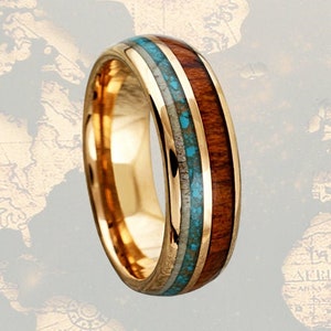 18K Rose Gold Mens Turquoise Ring Wood Wedding Band Deer Antler Ring, Unique Koa Wood Ring Mens Wedding Band Tungsten Ring with Antler Inlay