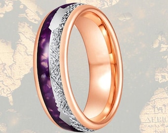 6mm Agate Stone Ring Rose Gold Wedding Bands Women Ring, Tungsten Ring Womens Wedding Band Meteorite Ring Purple & Rose Gold Ring Agate Ring