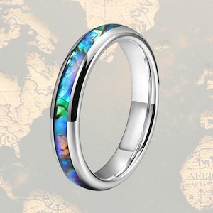 Tropical Abalone Ring Tungsten Wedding Bands Women Ring, Abalone Shell Ring Mens Wedding Band Tungsten Ring, Thin Silver Ring Promise Ring