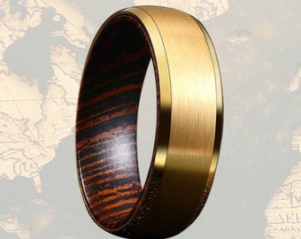 14K Gold Wedding Band Mens Ring with Beveled Edges, Wenge Wood Ring Mens Wedding Band Tungsten Ring, Nature Ring Mens Gold Ring Wooden Ring