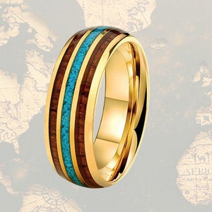 Unique Turquoise Mens Ring Gold Wedding Band Tungsten Ring Turquoise Ring Mens Wedding Band Gold Ring - Tungsten Wedding Bands Koa Wood Ring