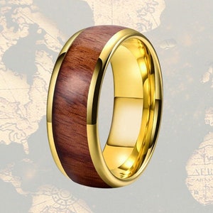 14K Gold Ring Mens Wedding Band Whiskey Barrel Ring, Bourbon Ring Tungsten Wedding Band Mens Ring, Wood Ring Gold Wedding Band Tungsten Ring