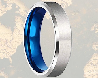 Blue Mens Wedding Band Titanium Ring, 6mm Titanium Wedding Bands Women Ring, Silver Wedding Band Mens Ring, Thin Titanium Rings Couples Ring