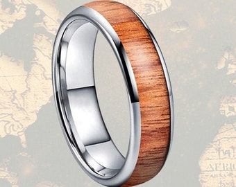 6mm Silver Ring Wood Wedding Band Womens Ring, Koa Wood Ring Mens Wedding Band Tungsten Ring Nature Wedding Rings for Men Couples Rings Set