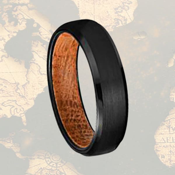 Bourbon Barrel Wood Ring Mens Wedding Band Tungsten Ring, 6mm Black Whiskey Barrel Ring Wood Wedding Band Mens Ring, Wood Ring Nature Ring