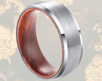 Sandal Wood Ring Mens Wedding Band Tungsten Ring, Beveled Silver Ring Wood Wedding Band Mens Ring, 8mm Wood Promise Ring for Him Wooden Ring